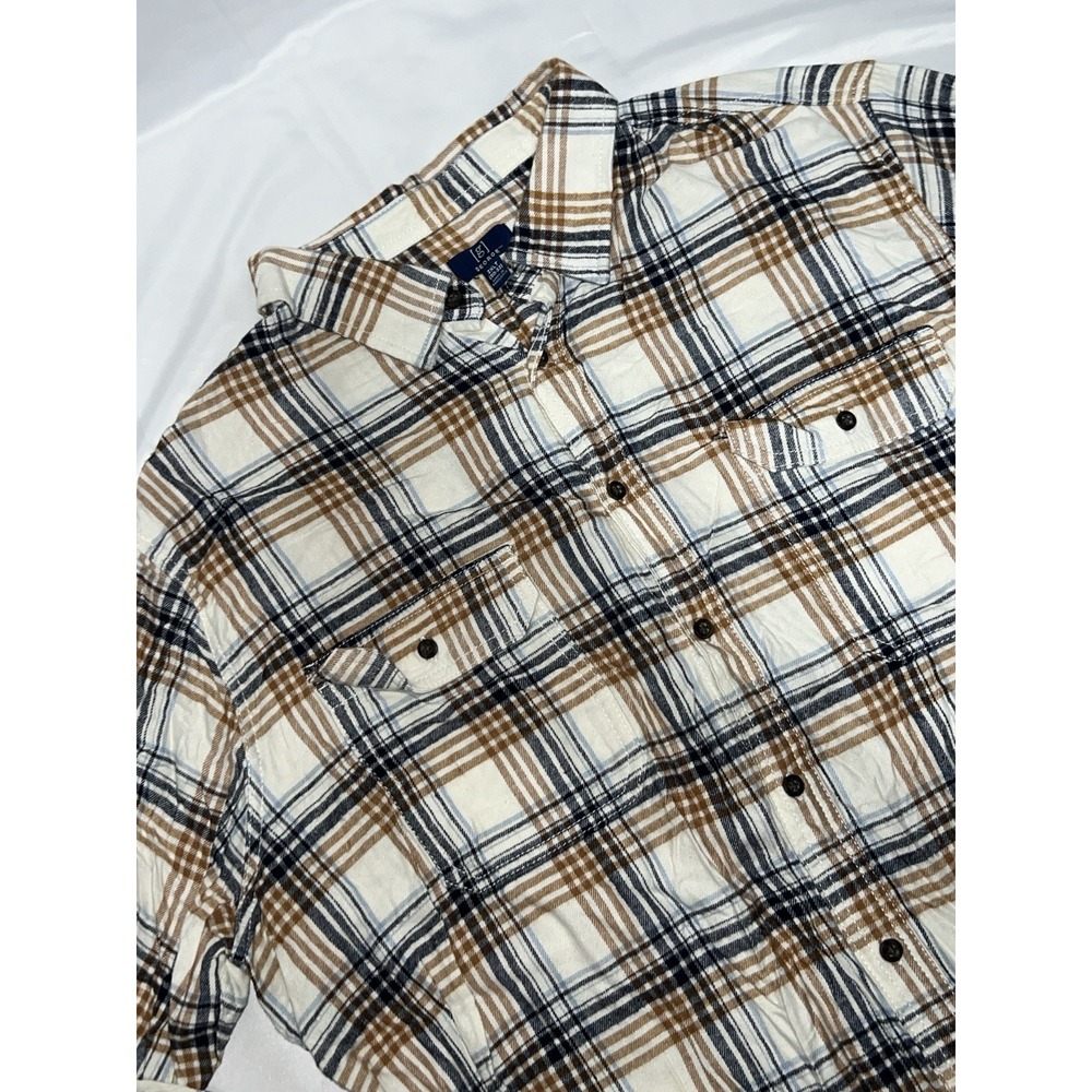 George Men's 2XLT White Brown Blue Plaid Cotton Flannel Button-Up Shirt Pockets